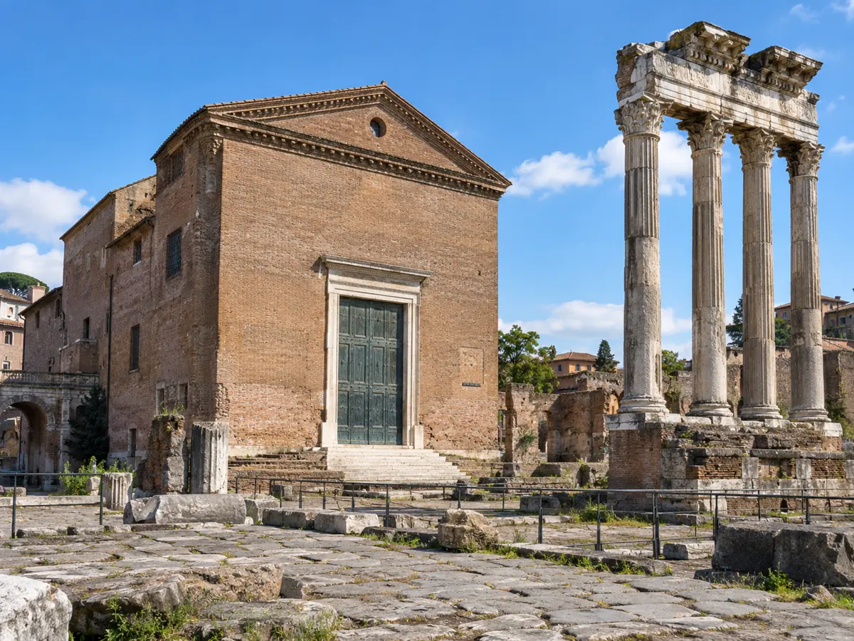Das Backsteingebäude der Curia im Forum Romanum mit Tempelsäulen daneben