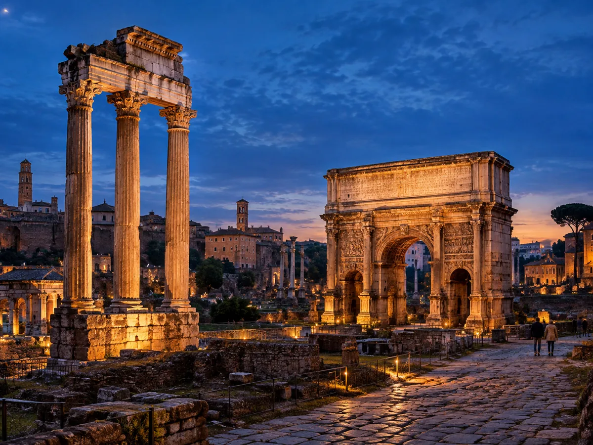 Das Forum Romanum zur blauen Stunde angestrahlt, mit Säulen und dem Septimius-Severus-Bogen