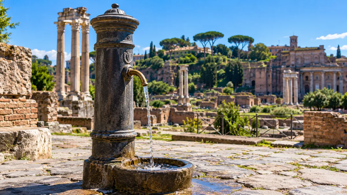 Ein gusseiserner Trinkbrunnen, der im sonnigen Forum Romanum läuft